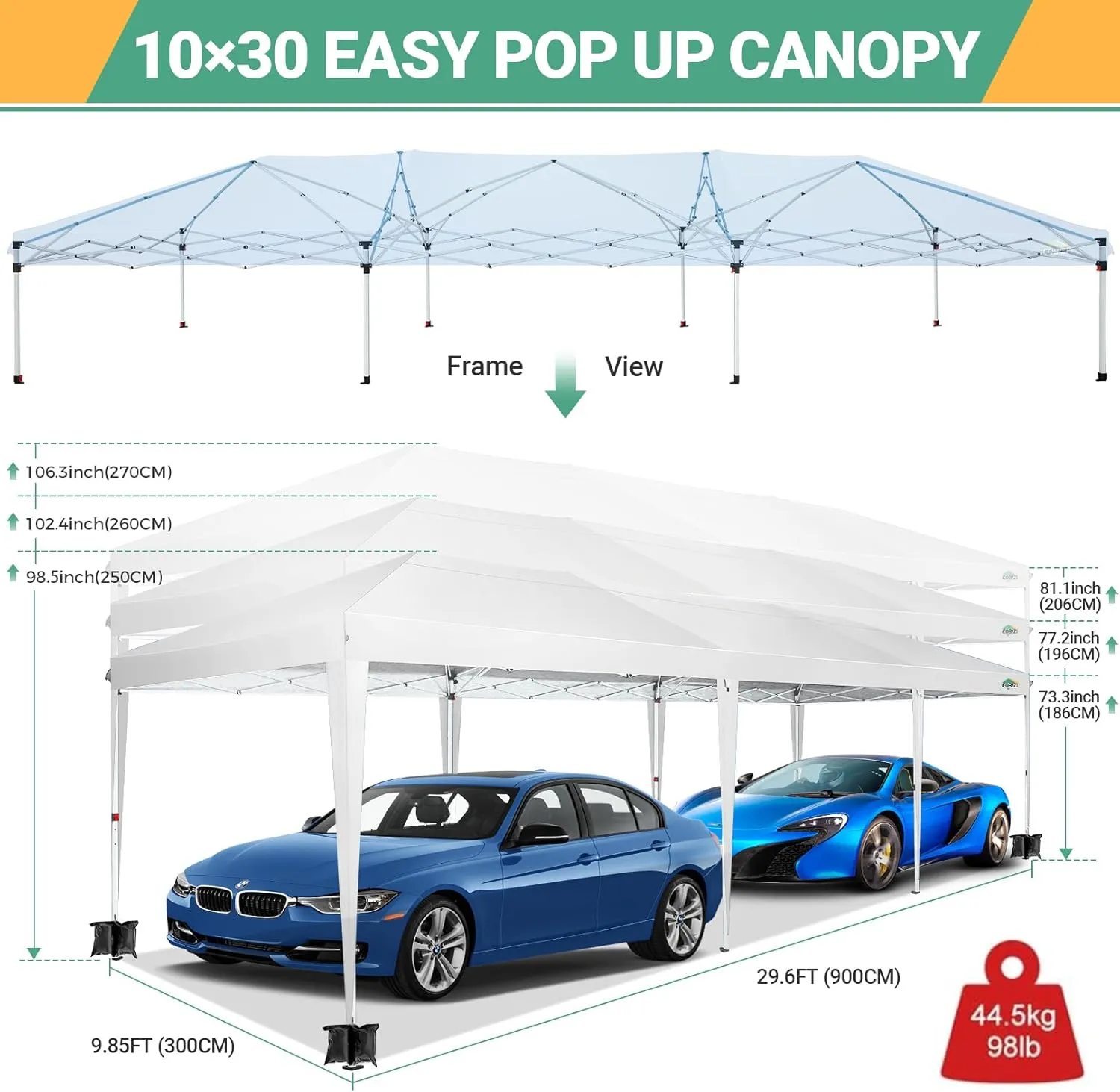 COBIZI 10x30 Canopy Party Tent with 8 Walls 10x30 Pop Up Tent for Parties Waterproof UPF 50  Outdoor Commercial Event Tent for Party Backyard Gazebo Canopy with Sidewalls & Sandbags(White,10x30ft.