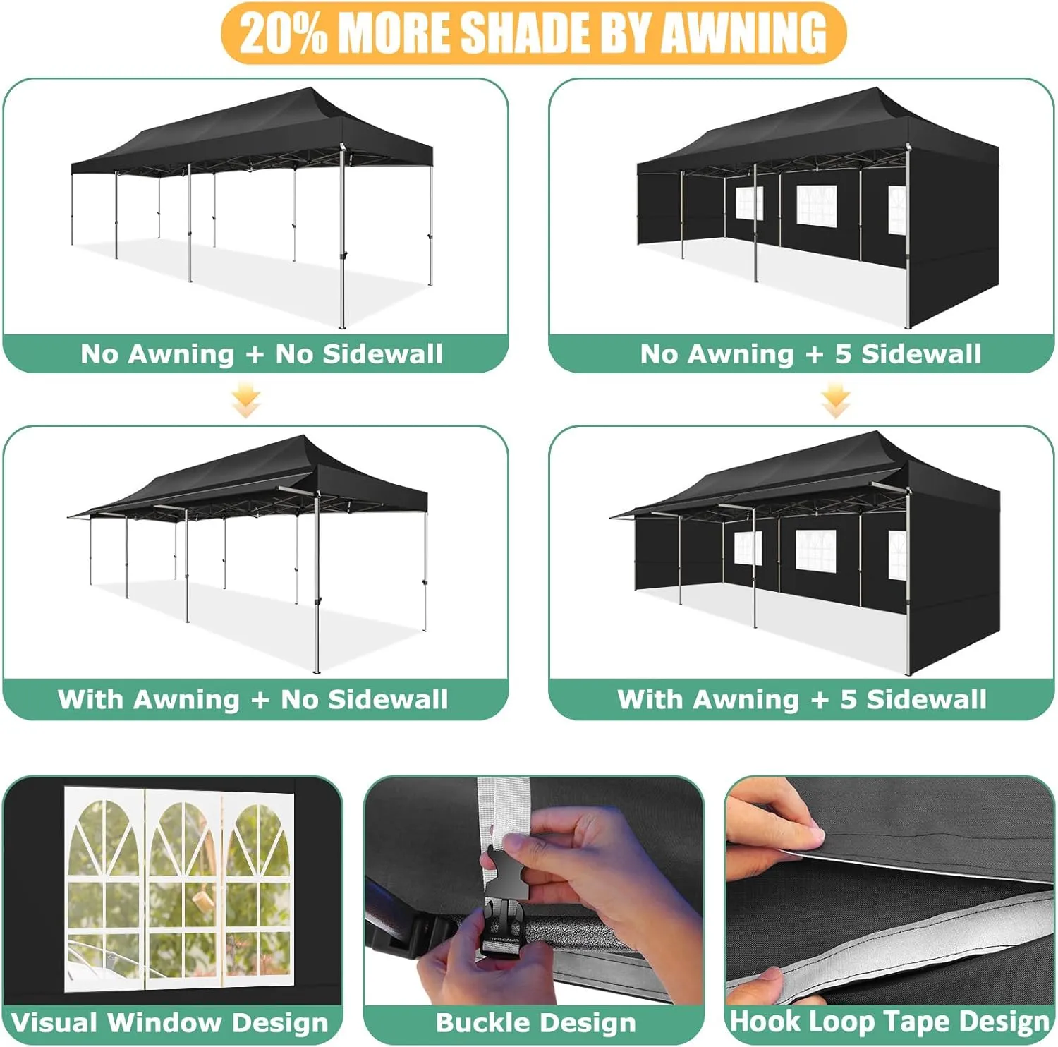 COBIZI 10x30 Pop Up Canopy Tent with Awning,Heavy Duty Canopy UPF 50  All Season Wind Waterproof Commercial Outdoor Street Vendors Party Tents for Parties Canopy with Roller Bag(10 x 30 ft Black)