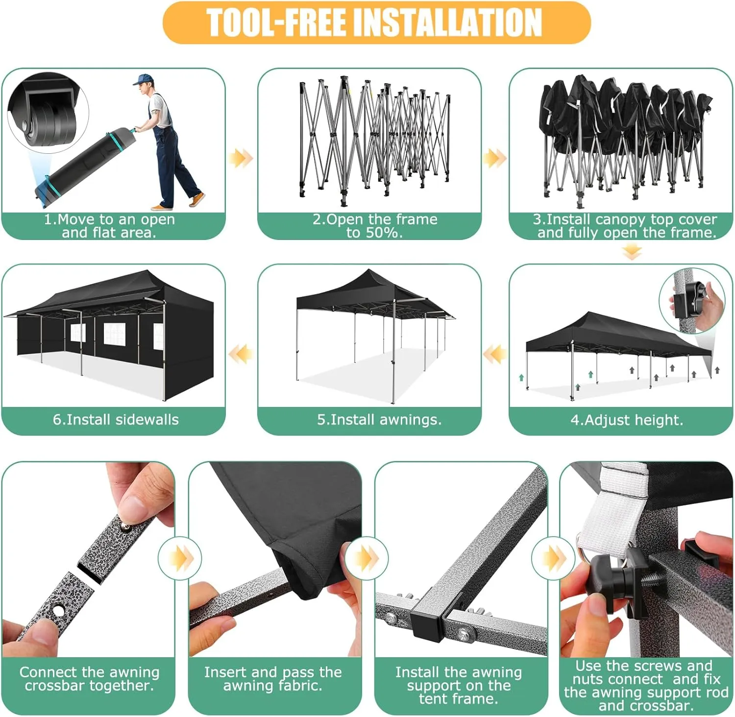 COBIZI 10x30 Pop Up Canopy Tent with Awning,Heavy Duty Canopy UPF 50  All Season Wind Waterproof Commercial Outdoor Street Vendors Party Tents for Parties Canopy with Roller Bag(10 x 30 ft Black)