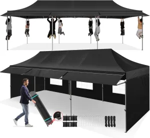 COBIZI 10x30 Pop Up Canopy Tent with Awning,Heavy Duty Canopy UPF 50  All Season Wind Waterproof Commercial Outdoor Street Vendors Party Tents for Parties Canopy with Roller Bag(10 x 30 ft Black)
