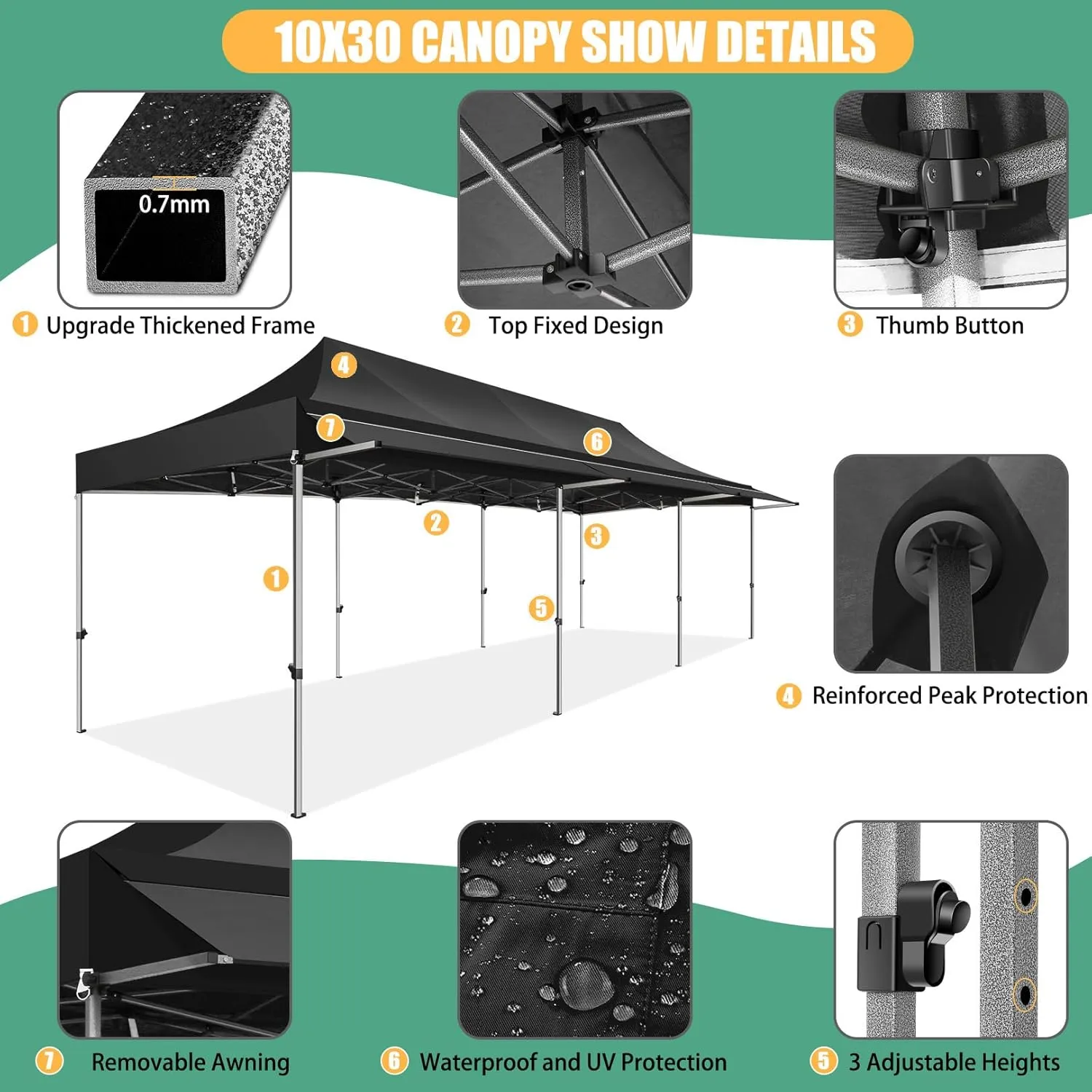 COBIZI 10x30 Pop Up Canopy Tent with Awning,Heavy Duty Canopy UPF 50  All Season Wind Waterproof Commercial Outdoor Street Vendors Party Tents for Parties Canopy with Roller Bag(10 x 30 ft Black)