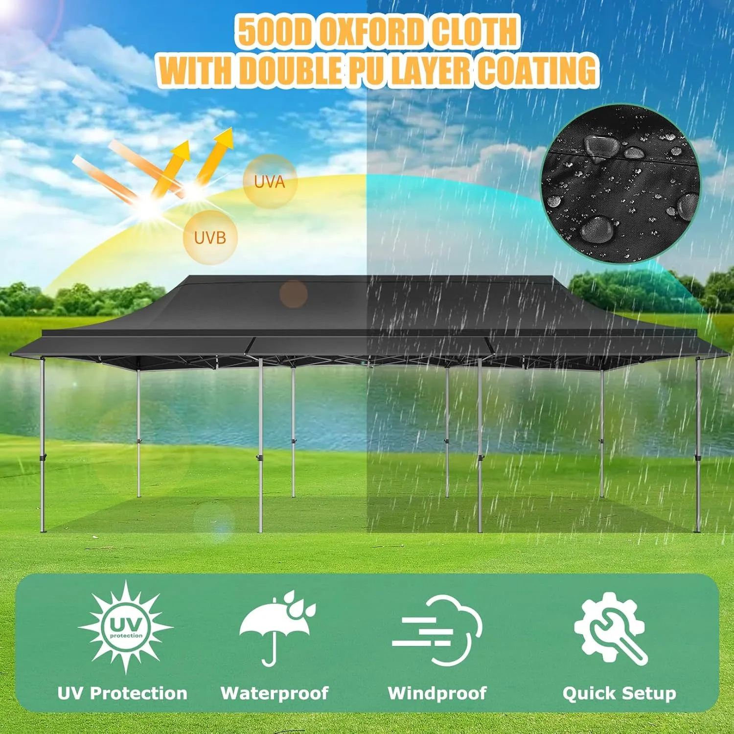 COBIZI 10x30 Pop Up Canopy Tent with Awning,Heavy Duty Canopy UPF 50  All Season Wind Waterproof Commercial Outdoor Street Vendors Party Tents for Parties Canopy with Roller Bag(10 x 30 ft Black)