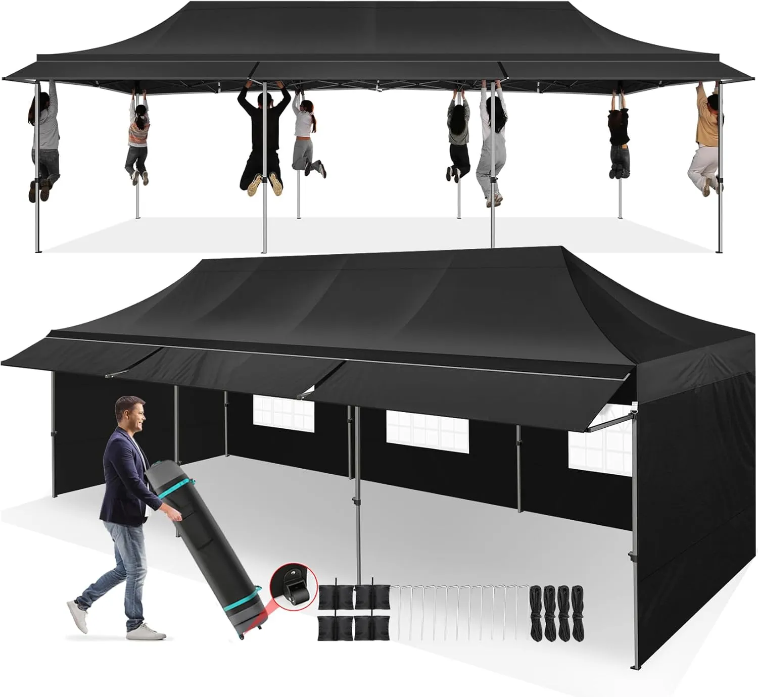 COBIZI 10x30 Pop Up Canopy Tent with Awning,Heavy Duty Canopy UPF 50  All Season Wind Waterproof Commercial Outdoor Street Vendors Party Tents for Parties Canopy with Roller Bag(10 x 30 ft Black)