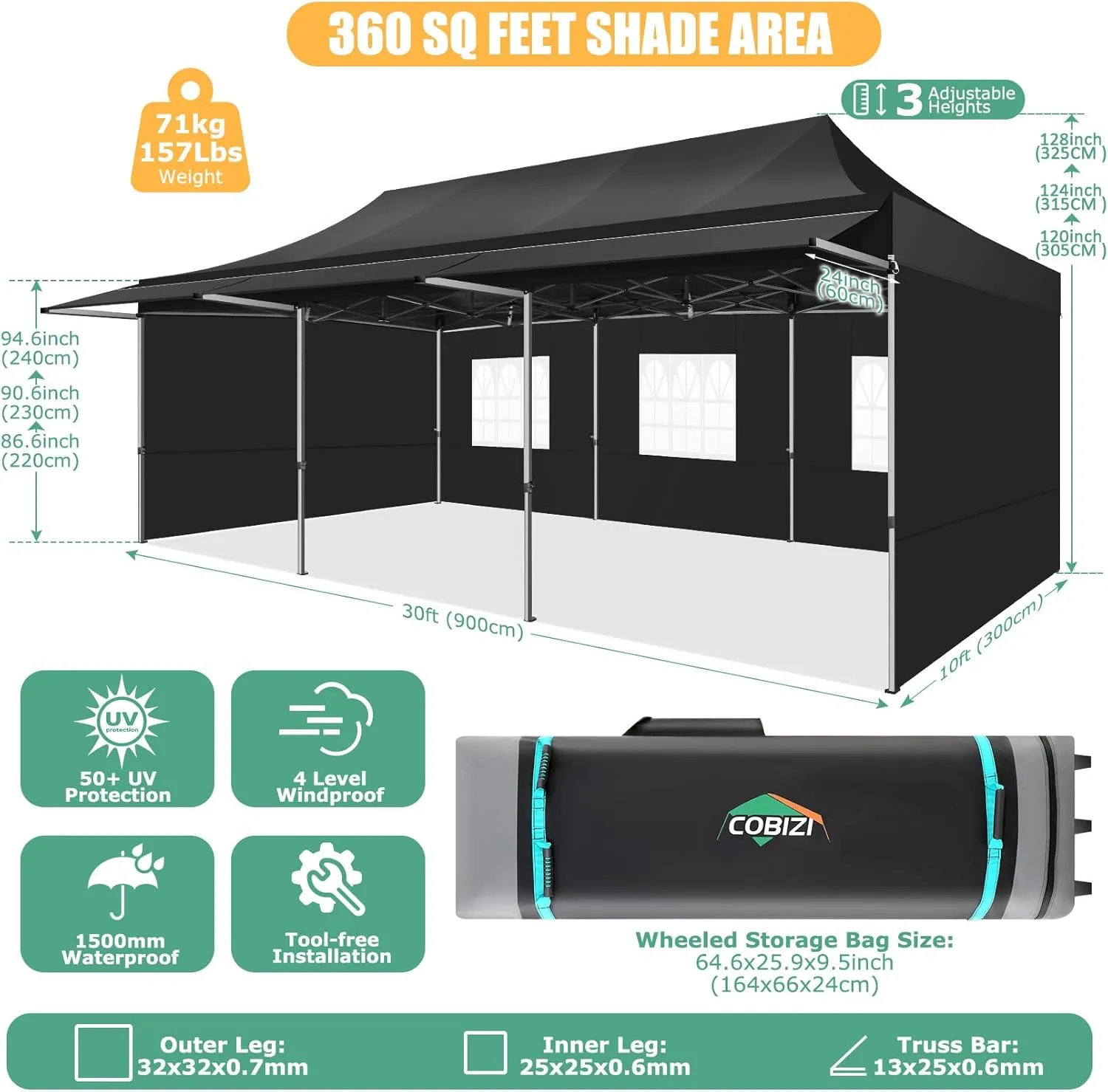 COBIZI 10x30 Pop Up Canopy Tent with Awning,Heavy Duty Canopy UPF 50  All Season Wind Waterproof Commercial Outdoor Street Vendors Party Tents for Parties Canopy with Roller Bag(10 x 30 ft Black)