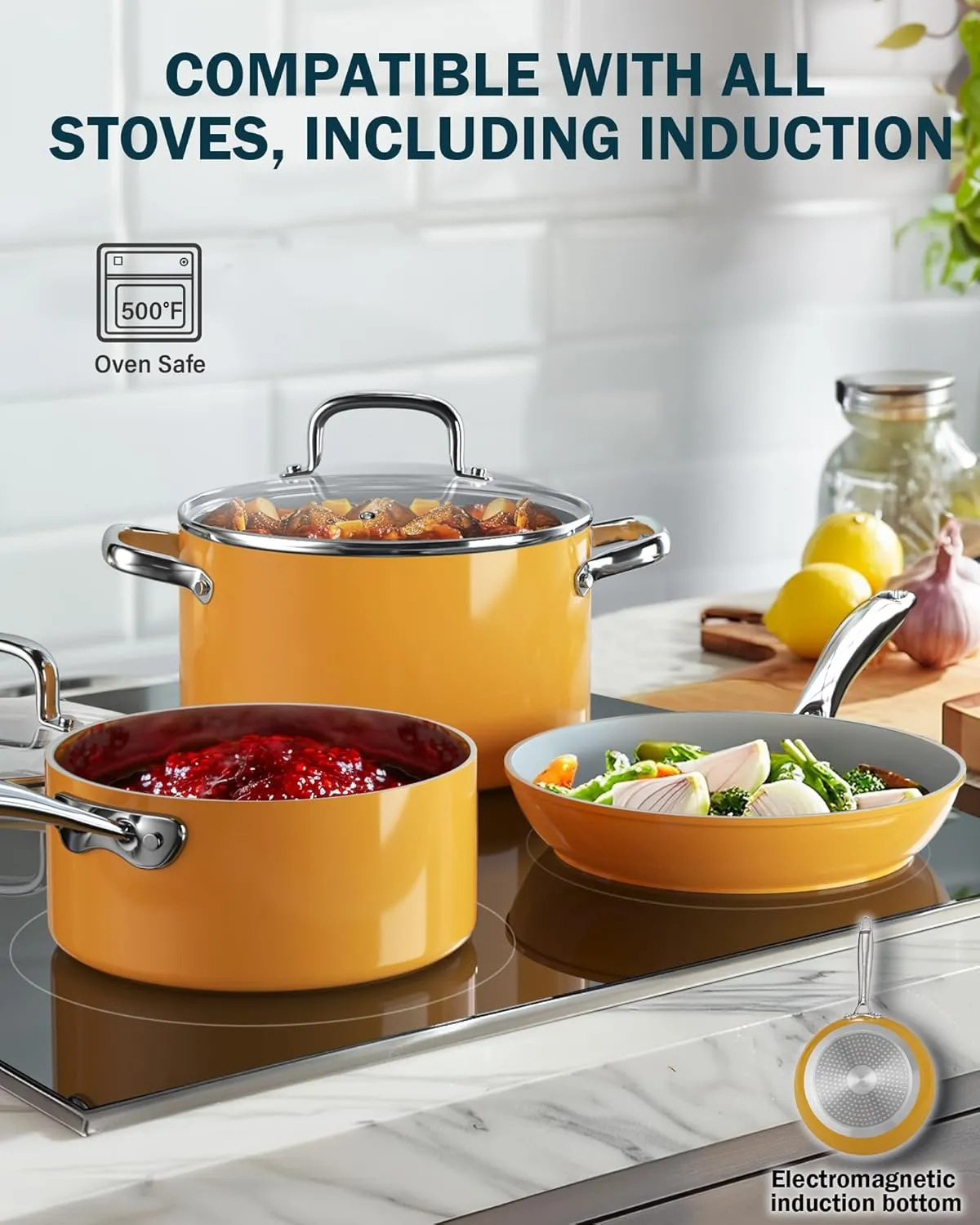 Cook N Home Nonstick Sauce Pan with Glass Lid, 3-Quart Small Saucepan Hard Anodized Non Stick Ceramic Cookware, Induction Cooking Pots and Pans with Stay-Cool Handles, Cacerola, Yellow