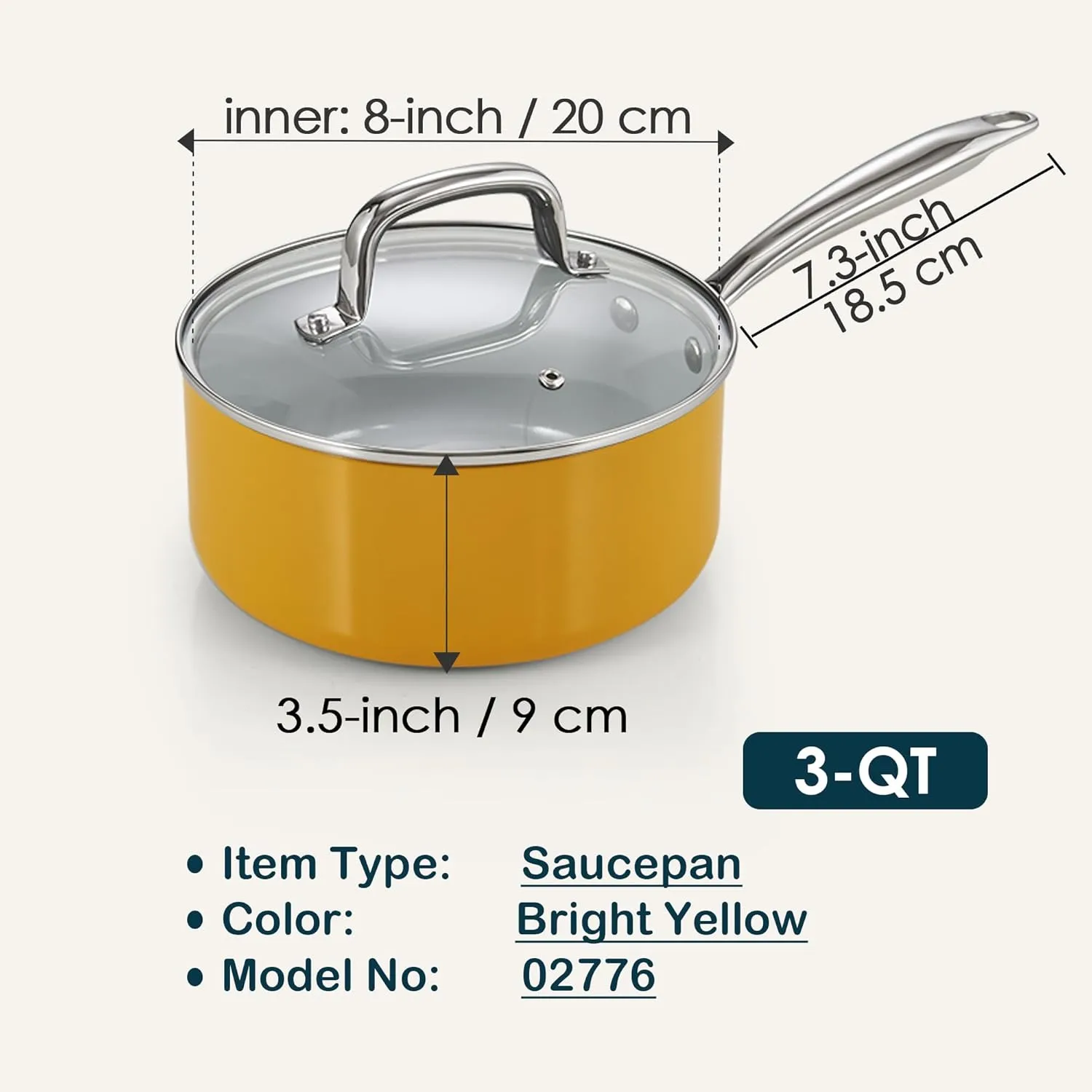 Cook N Home Nonstick Sauce Pan with Glass Lid, 3-Quart Small Saucepan Hard Anodized Non Stick Ceramic Cookware, Induction Cooking Pots and Pans with Stay-Cool Handles, Cacerola, Yellow