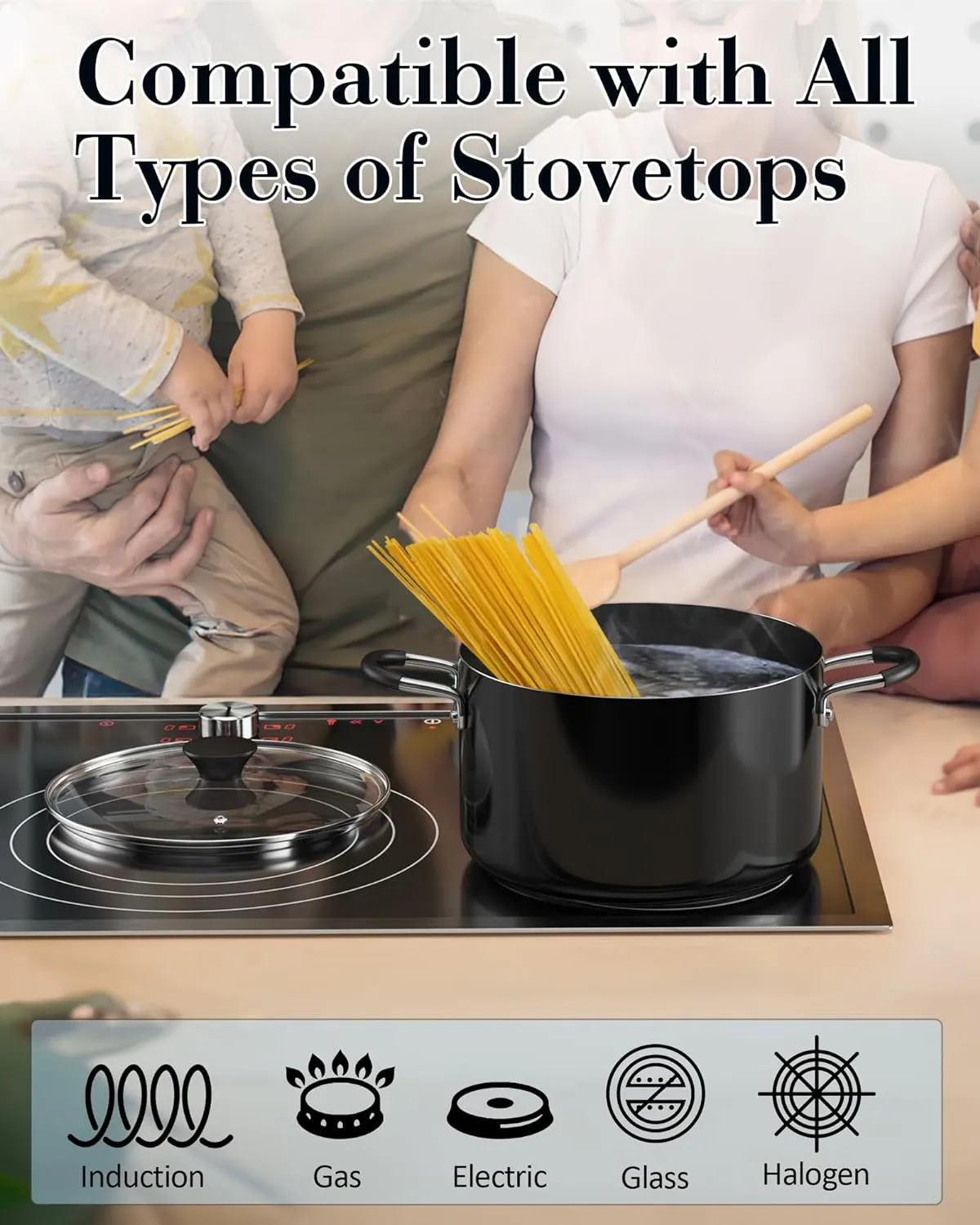Cook N Home Nonstick Stockpot with Lid 6-QT, Professional Deep Cooking Pot Cookware Casserole with Glass Lid, Black