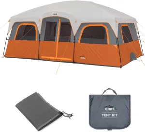 CORE 12 Person Straight Wall Cabin Tent with Footprint and Tent Kit