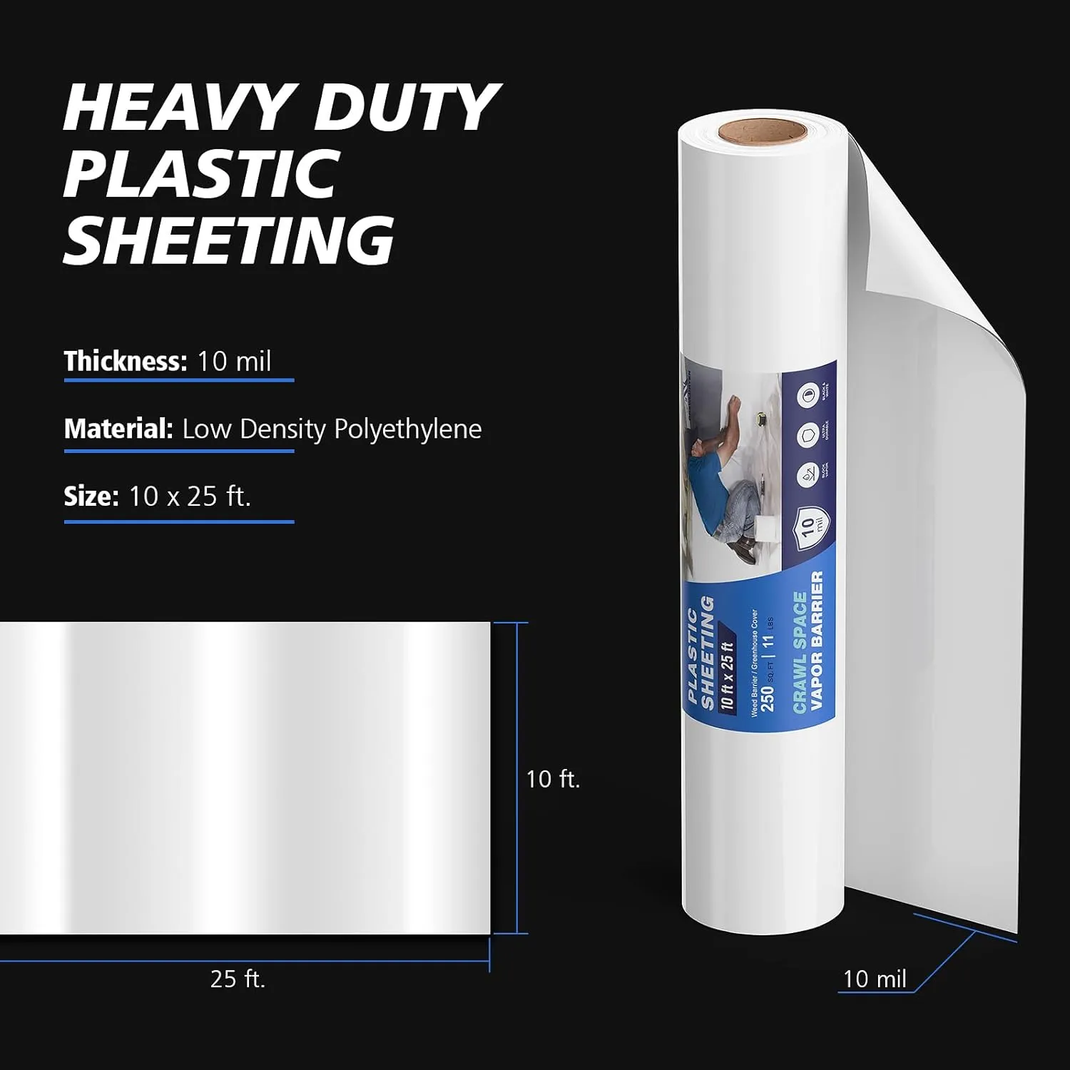 Crawl Space Vapor Barrier - 10 mil (10' x 25'), Thick Plastic sheeting, Drop Cloth Moisture Barrier Covering for Crawl Space Encapsulation, Heavy Duty Polyethylene Film, Black and White Panda Film