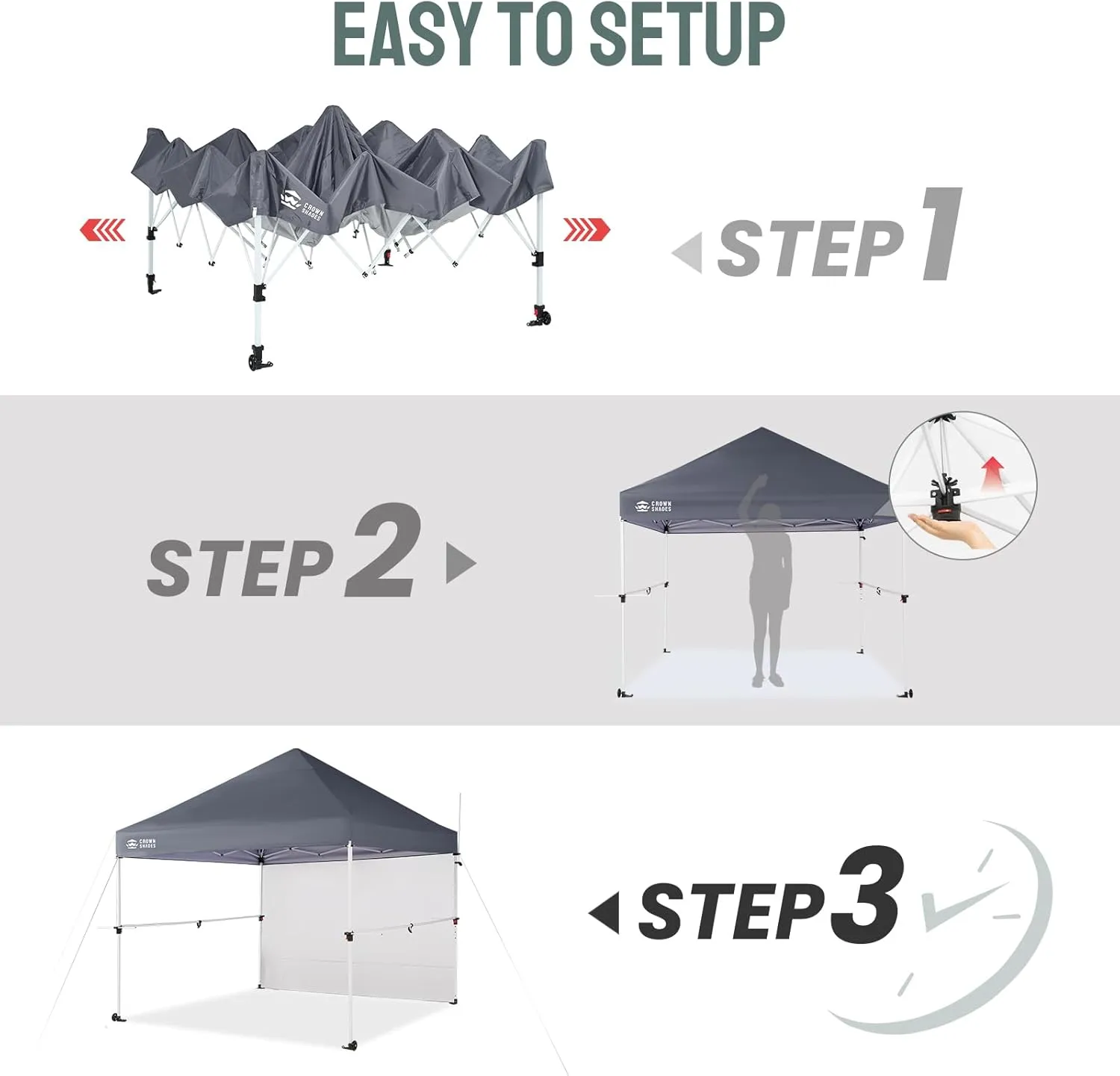 CROWN SHADES 10x10 Pop Up Canopy Tent with 1 Comercial Kit, Instant Commercial Tent with Patended Centerlock, 400D Silver Coated Fabric, 1 Sidewall, 4" Wheels, Sto'N Go Bag,Grey