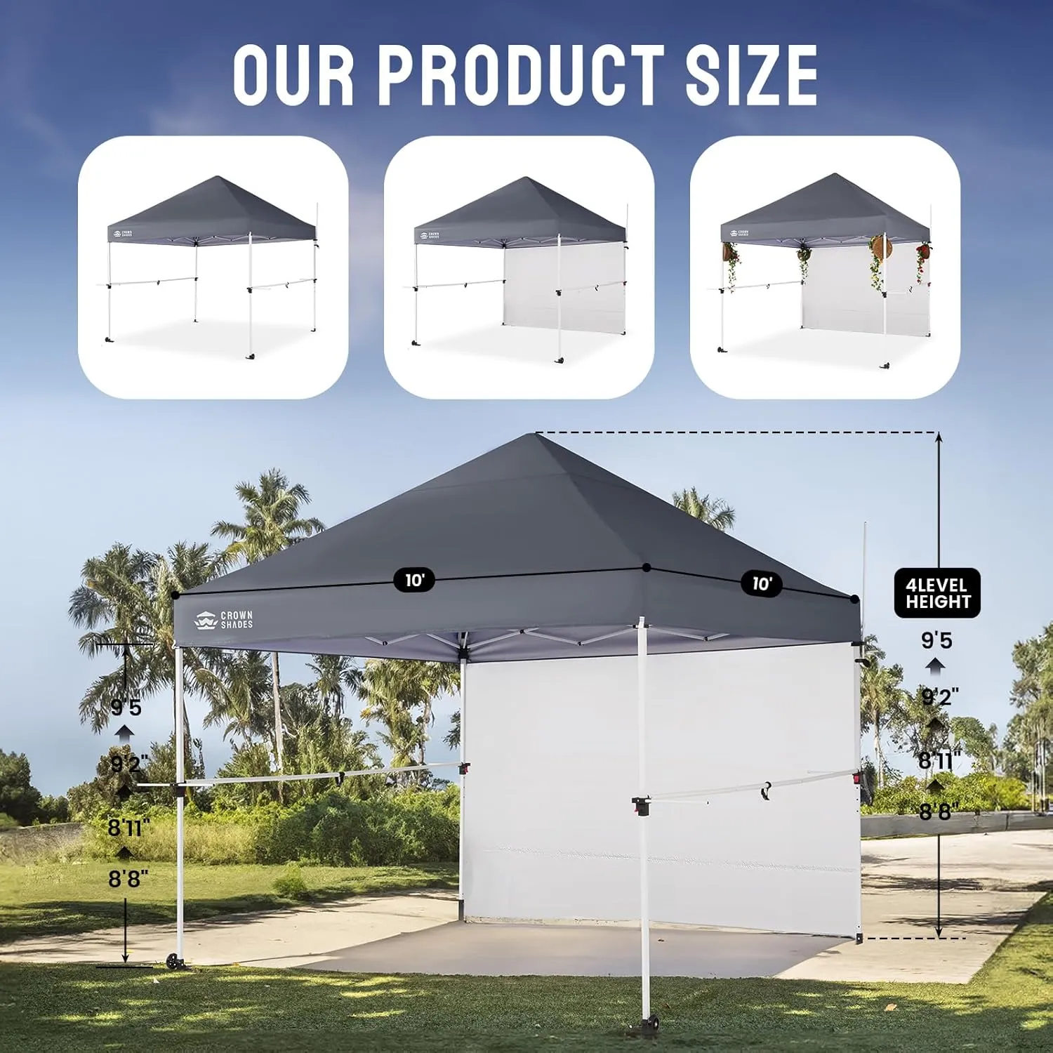 CROWN SHADES 10x10 Pop Up Canopy Tent with 1 Comercial Kit, Instant Commercial Tent with Patended Centerlock, 400D Silver Coated Fabric, 1 Sidewall, 4" Wheels, Sto'N Go Bag,Grey