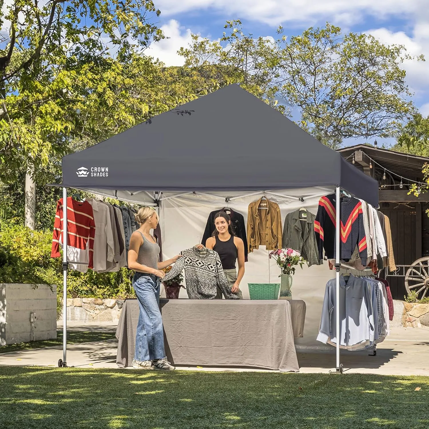 CROWN SHADES 10x10 Pop Up Canopy Tent with 1 Comercial Kit, Instant Commercial Tent with Patended Centerlock, 400D Silver Coated Fabric, 1 Sidewall, 4" Wheels, Sto'N Go Bag,Grey