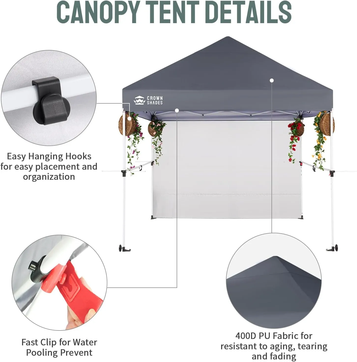 CROWN SHADES 10x10 Pop Up Canopy Tent with 1 Comercial Kit, Instant Commercial Tent with Patended Centerlock, 400D Silver Coated Fabric, 1 Sidewall, 4" Wheels, Sto'N Go Bag,Grey