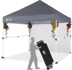 CROWN SHADES 10x10 Pop Up Canopy Tent with 1 Comercial Kit, Instant Commercial Tent with Patended Centerlock, 400D Silver Coated Fabric, 1 Sidewall, 4" Wheels, Sto'N Go Bag,Grey