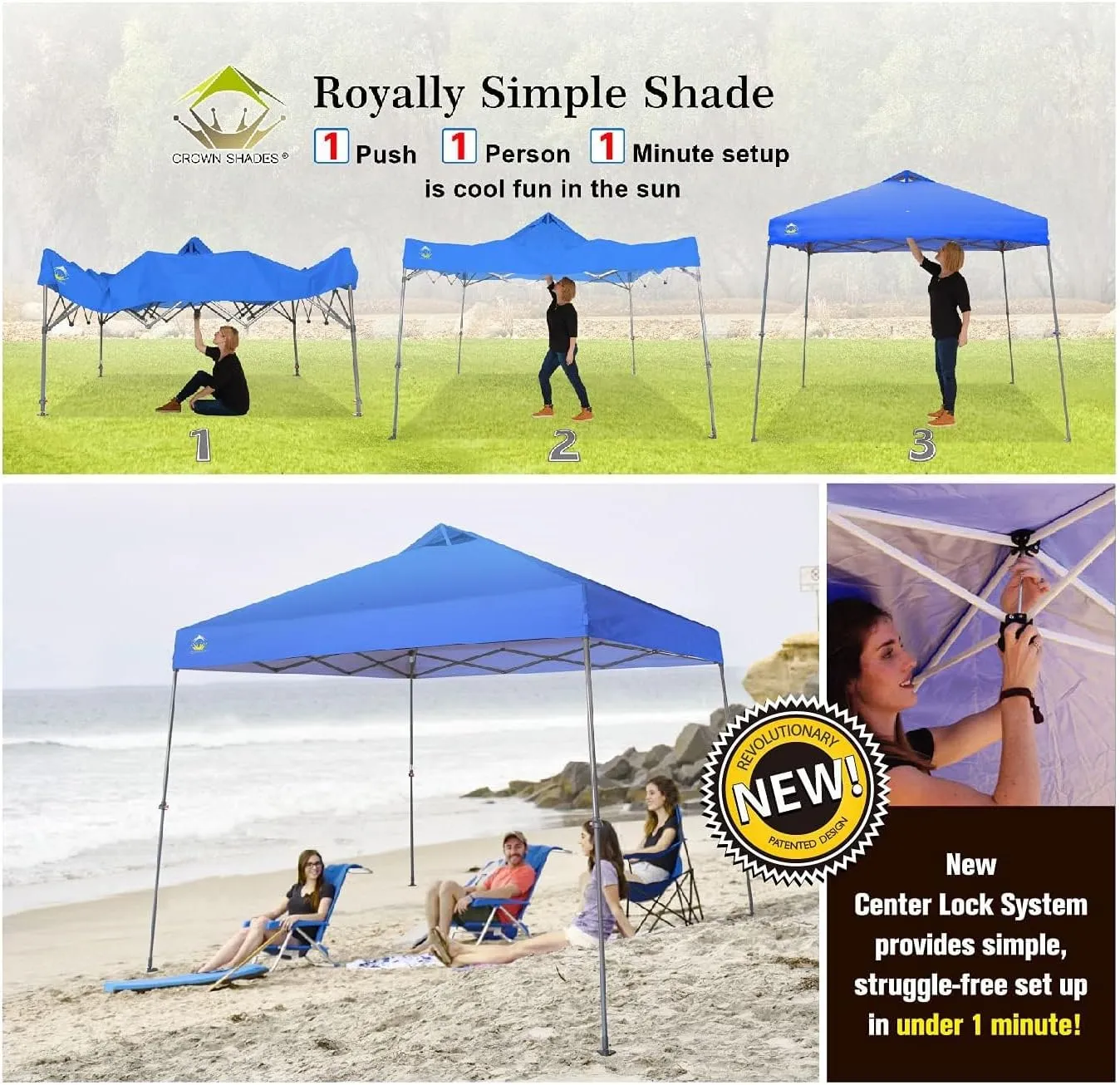 CROWN SHADES 9x9 Pop Up Canopy Tent Slanted Legs for Added Stability - Beach Tent Sun Shelter for Outdoor Shades - Canopy with 11x11 Base, with Carry Bag, Blue