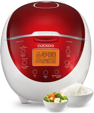 CUCKOO Micom Rice Cooker 6 Cup Uncooked / 12 Cup Cooked, Fuzzy Logic Electric Rice Cooker Small, Sticky Rice Maker with 12 Menu Modes, Nonstick Small Rice Cooker & Steamer, White / Red (CR-0655F)