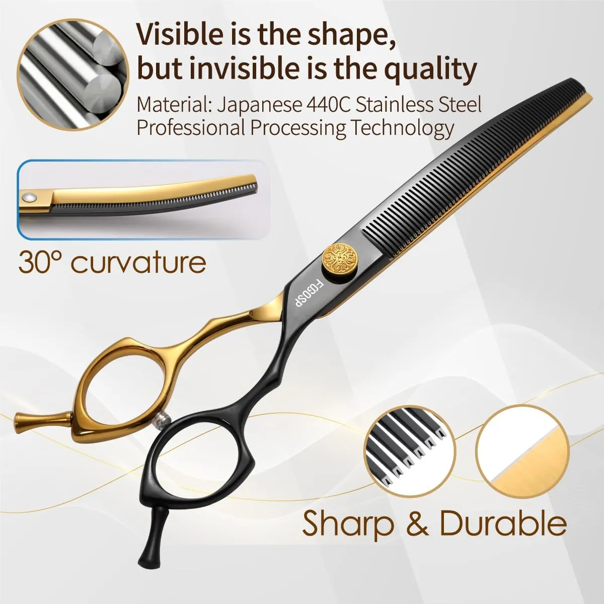 Curved Thinning Shears Dog Grooming 7.5 in Black & Gold Two Color Multipurpose Professional Dog Grooming Scissors for Large Pet 66 Teeth Japan 440C