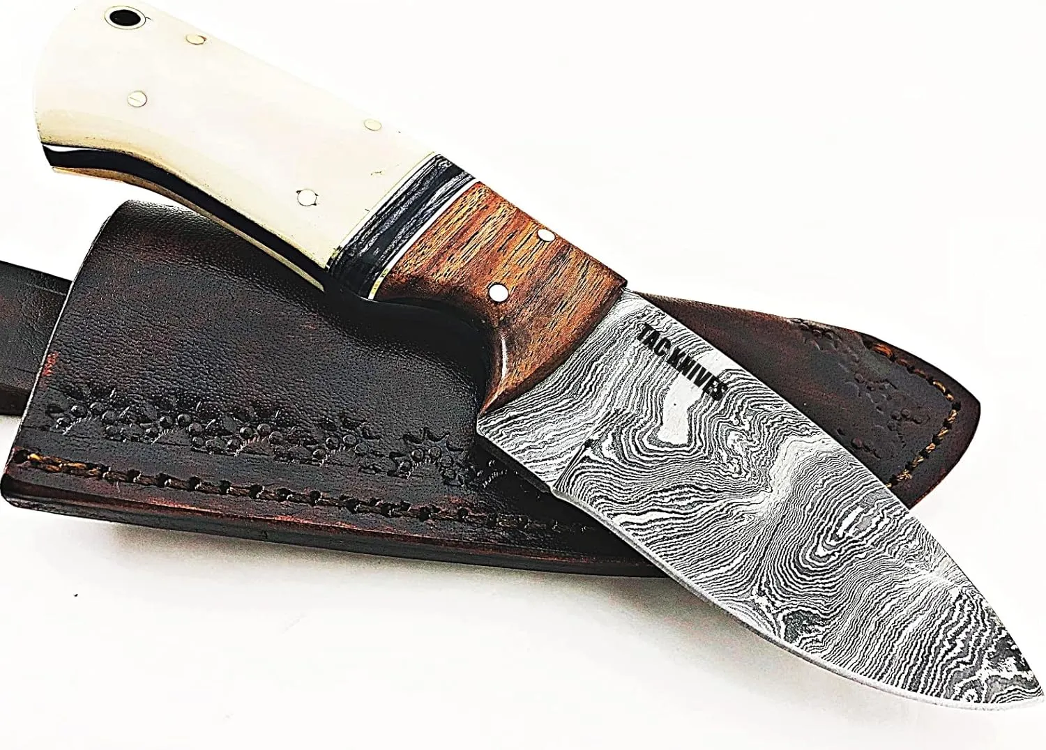 Custom Handmade Damascus Steel Knife - Beautiful Camping, Survival EDC Bushcraft Tool for Men With Leather Sheath (Bone)