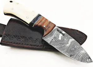 Custom Handmade Damascus Steel Knife - Beautiful Camping, Survival EDC Bushcraft Tool for Men With Leather Sheath (Bone)
