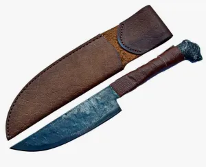 Custom Handmade Viking Carbon Steel Wolf Head Knife with Pure Cowhide Leather Sheath, Viking Wolf Knife, Viking Carbon Steel Knife with Wolf Head Hilt (KIW-102)