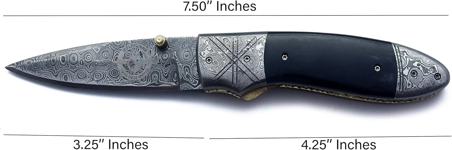 Damascus Folding Tactical Knife – Best Choice for EDC, Hunting, Survival, Camping, and Skinning – Full Tang Micarta Handle & Handcrafted Leather Sheath – Ultimate Gear for Men and Women (DCF21-25)