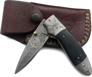 Damascus Folding Tactical Knife – Best Choice for EDC, Hunting, Survival, Camping, and Skinning – Full Tang Micarta Handle & Handcrafted Leather Sheath – Ultimate Gear for Men and Women (DCF21-25)