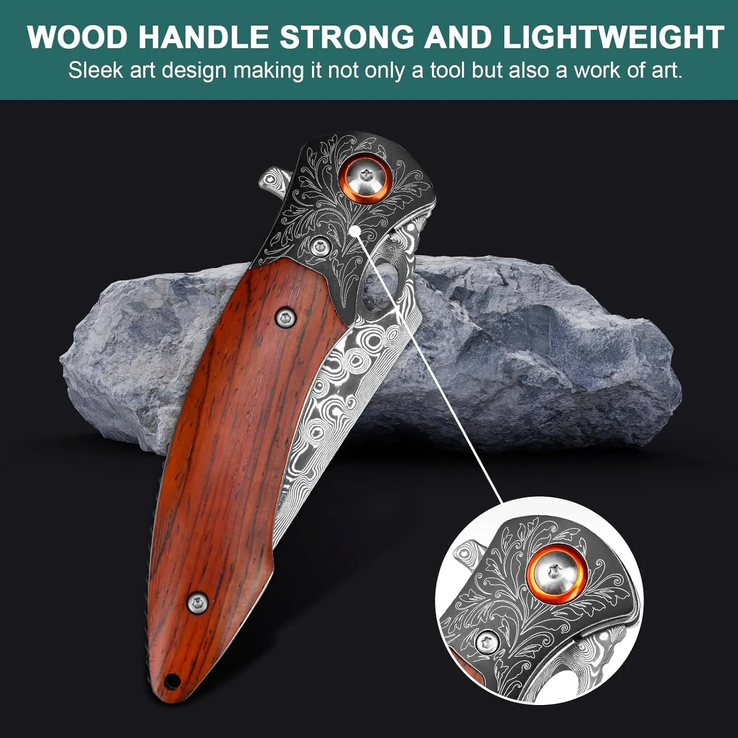Damascus Pocket Knife, 3.27” Damascus Blade EDC Folding Knives with Guibourtia Wooden Handle, Christmas Ideal for Utility Gift