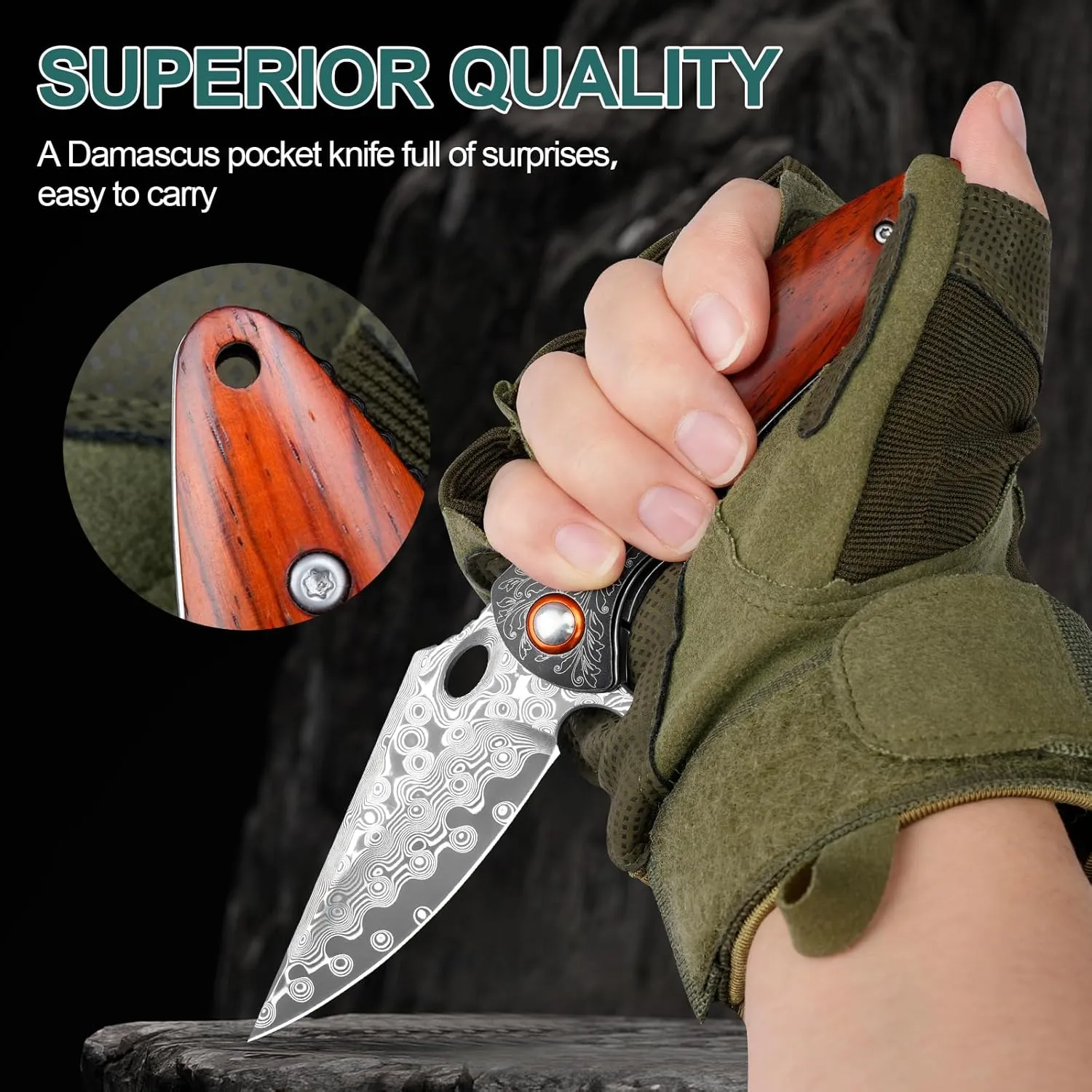 Damascus Pocket Knife, 3.27” Damascus Blade EDC Folding Knives with Guibourtia Wooden Handle, Christmas Ideal for Utility Gift