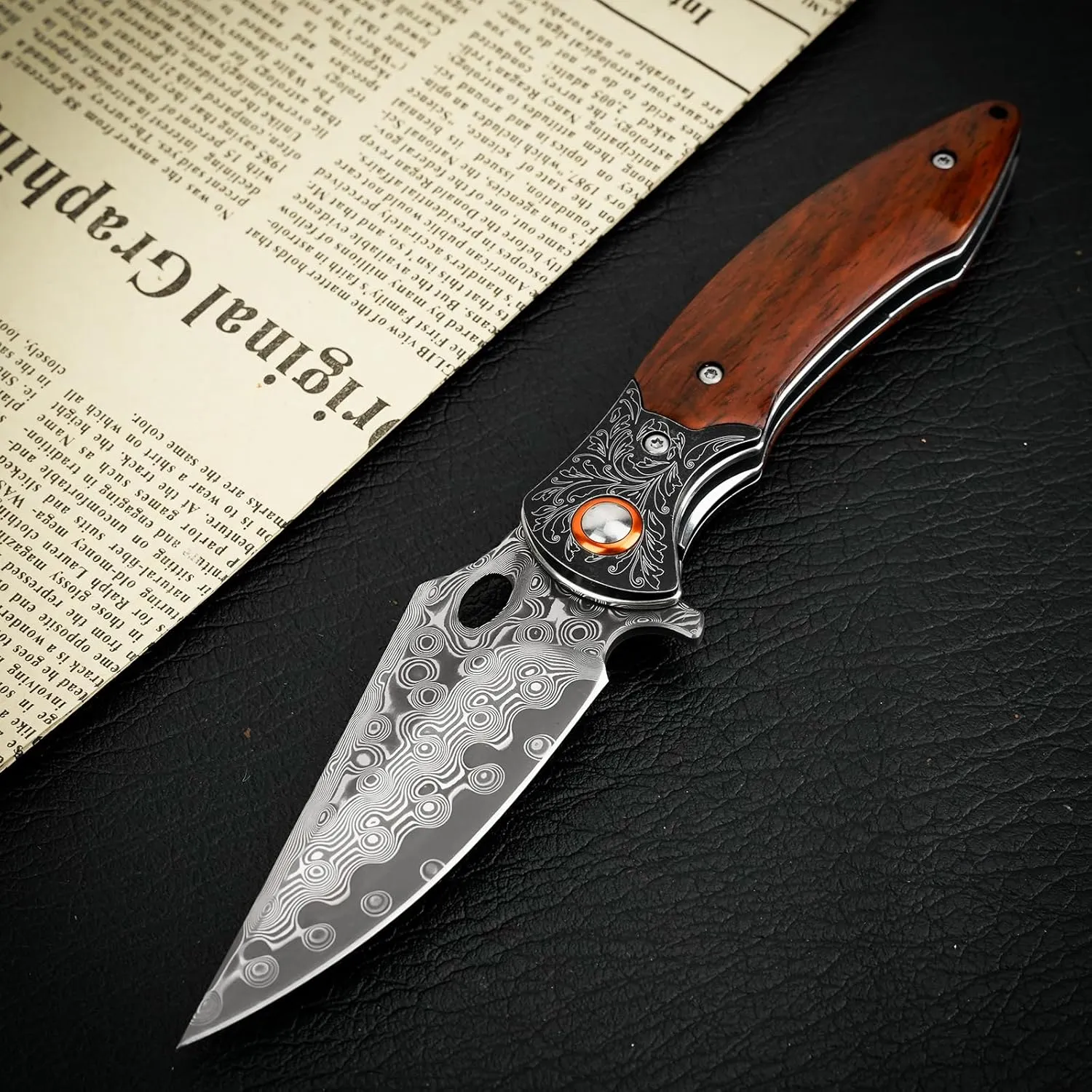 Damascus Pocket Knife, 3.27” Damascus Blade EDC Folding Knives with Guibourtia Wooden Handle, Christmas Ideal for Utility Gift
