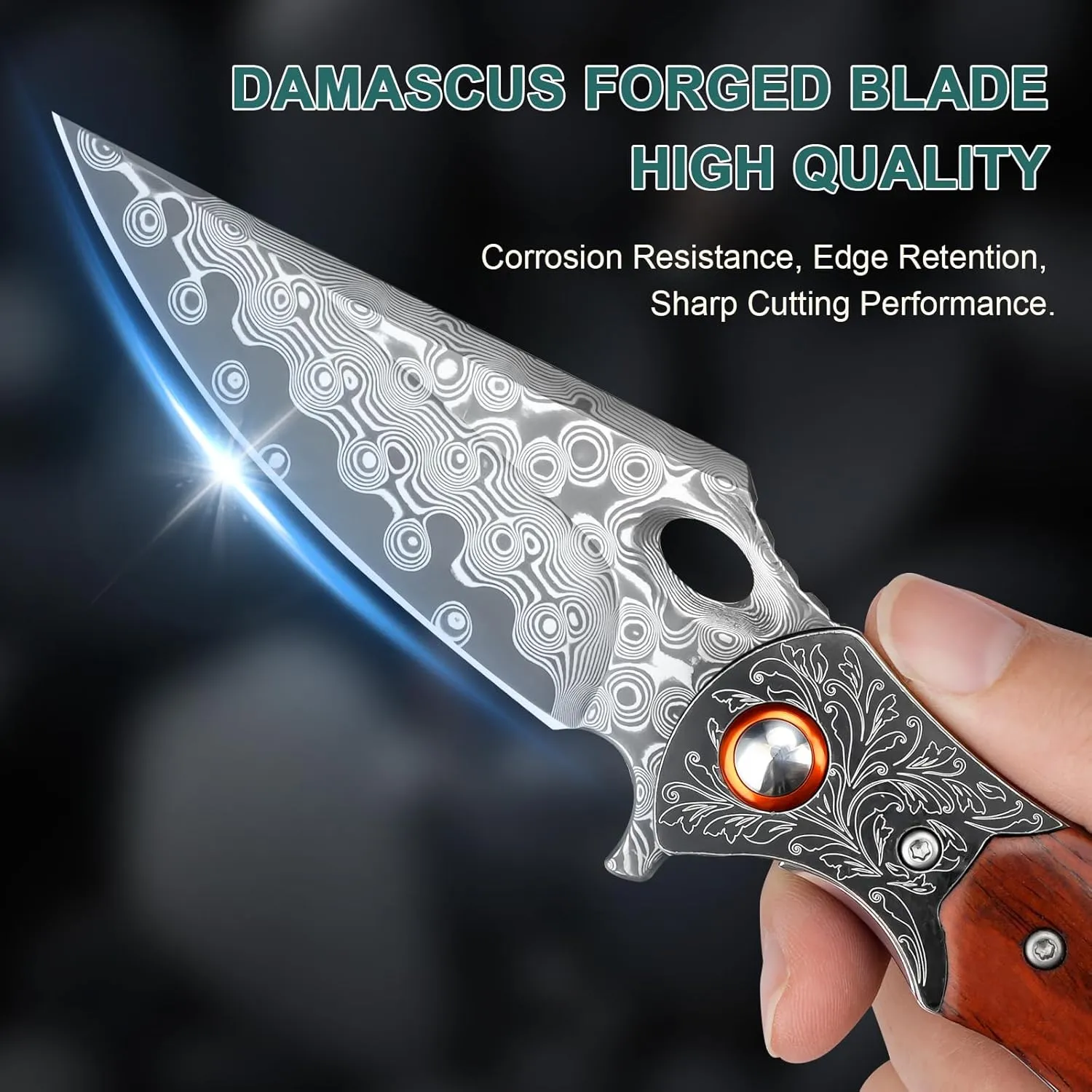 Damascus Pocket Knife, 3.27” Damascus Blade EDC Folding Knives with Guibourtia Wooden Handle, Christmas Ideal for Utility Gift