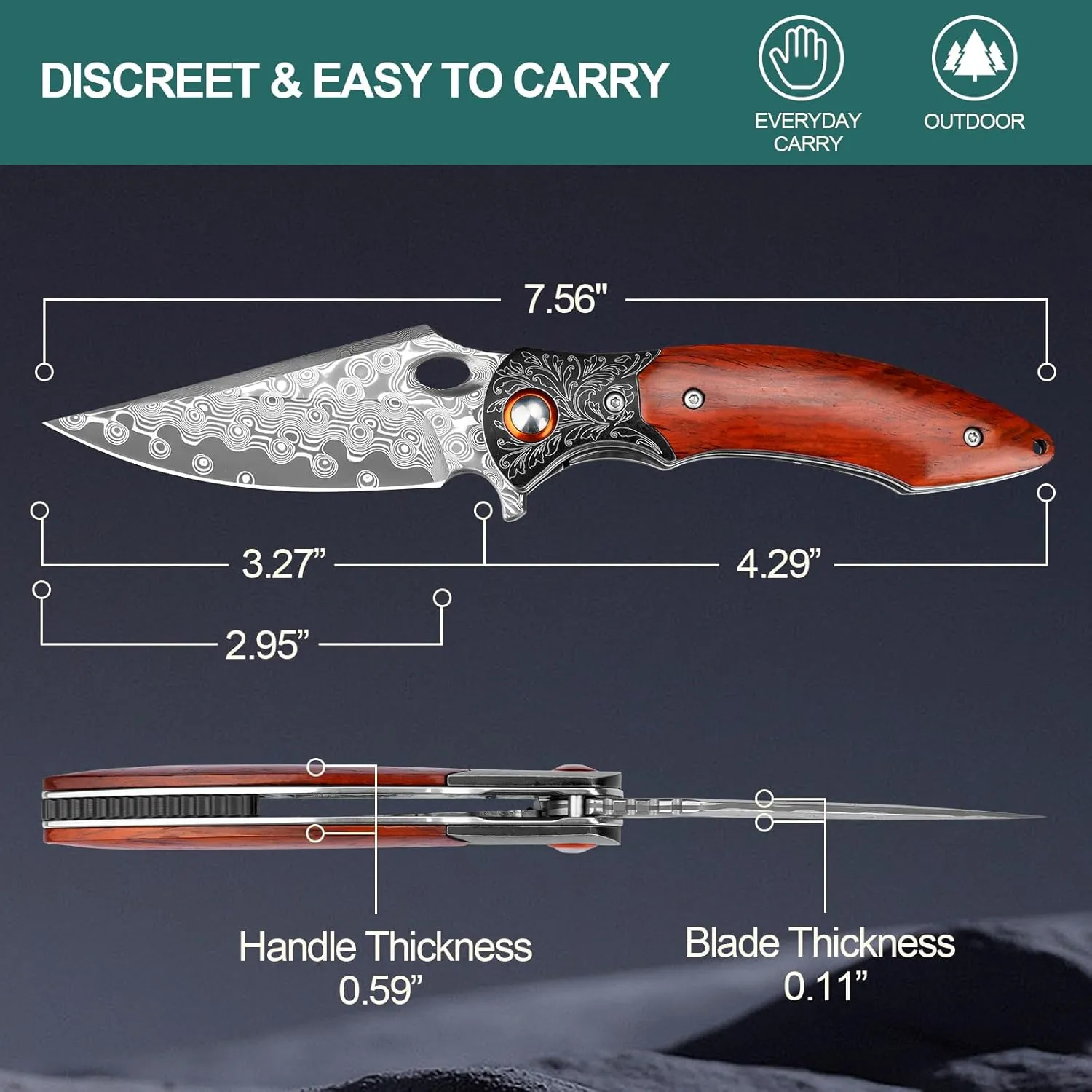 Damascus Pocket Knife, 3.27” Damascus Blade EDC Folding Knives with Guibourtia Wooden Handle, Christmas Ideal for Utility Gift