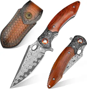 Damascus Pocket Knife, 3.27” Damascus Blade EDC Folding Knives with Guibourtia Wooden Handle, Christmas Ideal for Utility Gift