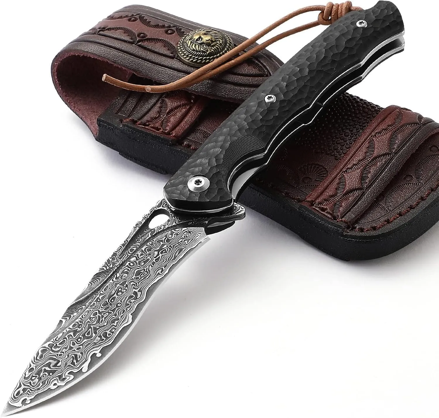 Damascus Pocket Knife for Men, Folding knife with Leather Sheath/Clip, 67-Layer Damascus Steel Pocket Knife Handmade Vg10 Steel Core Ebony Handle, Ideal Gift, Black