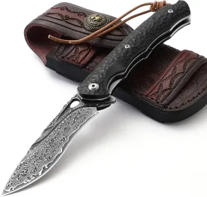 Damascus Pocket Knife for Men, Folding knife with Leather Sheath/Clip, 67-Layer Damascus Steel Pocket Knife Handmade Vg10 Steel Core Ebony Handle, Ideal Gift, Black