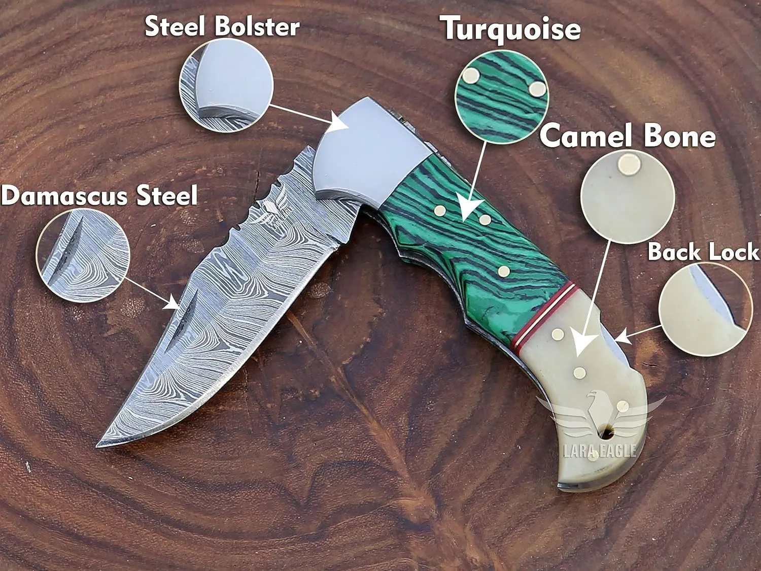 Damascus Pocket Knife for Men - Multi Layer Solid Steel Handmade Folding Hunting Knives Turquoise & Camel Bone Handle with Sharpner and Leather Pouch - Best Knife for Camping Hunting Hiking - Father’s Day Gifts for Men Husband Dad