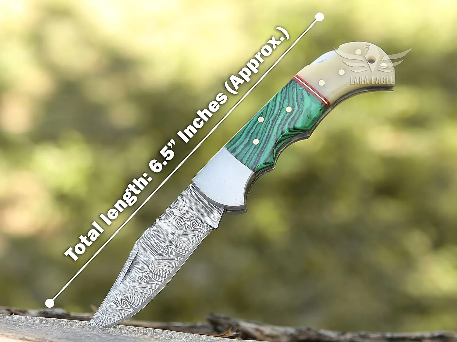 Damascus Pocket Knife for Men - Multi Layer Solid Steel Handmade Folding Hunting Knives Turquoise & Camel Bone Handle with Sharpner and Leather Pouch - Best Knife for Camping Hunting Hiking - Father’s Day Gifts for Men Husband Dad
