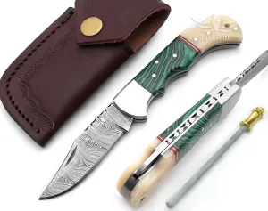 Damascus Pocket Knife for Men - Multi Layer Solid Steel Handmade Folding Hunting Knives Turquoise & Camel Bone Handle with Sharpner and Leather Pouch - Best Knife for Camping Hunting Hiking - Father’s Day Gifts for Men Husband Dad