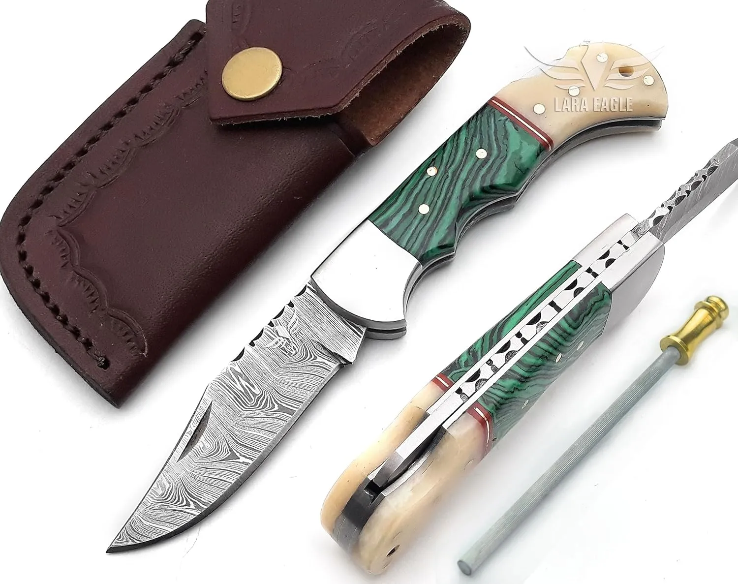 Damascus Pocket Knife for Men - Multi Layer Solid Steel Handmade Folding Hunting Knives Turquoise & Camel Bone Handle with Sharpner and Leather Pouch - Best Knife for Camping Hunting Hiking - Father’s Day Gifts for Men Husband Dad