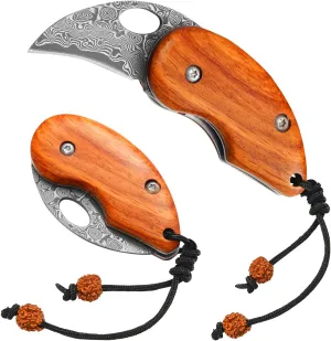 Damascus Pocket Knife, Small Folding Wood Handle EDC Knife, Blade Length: 2in