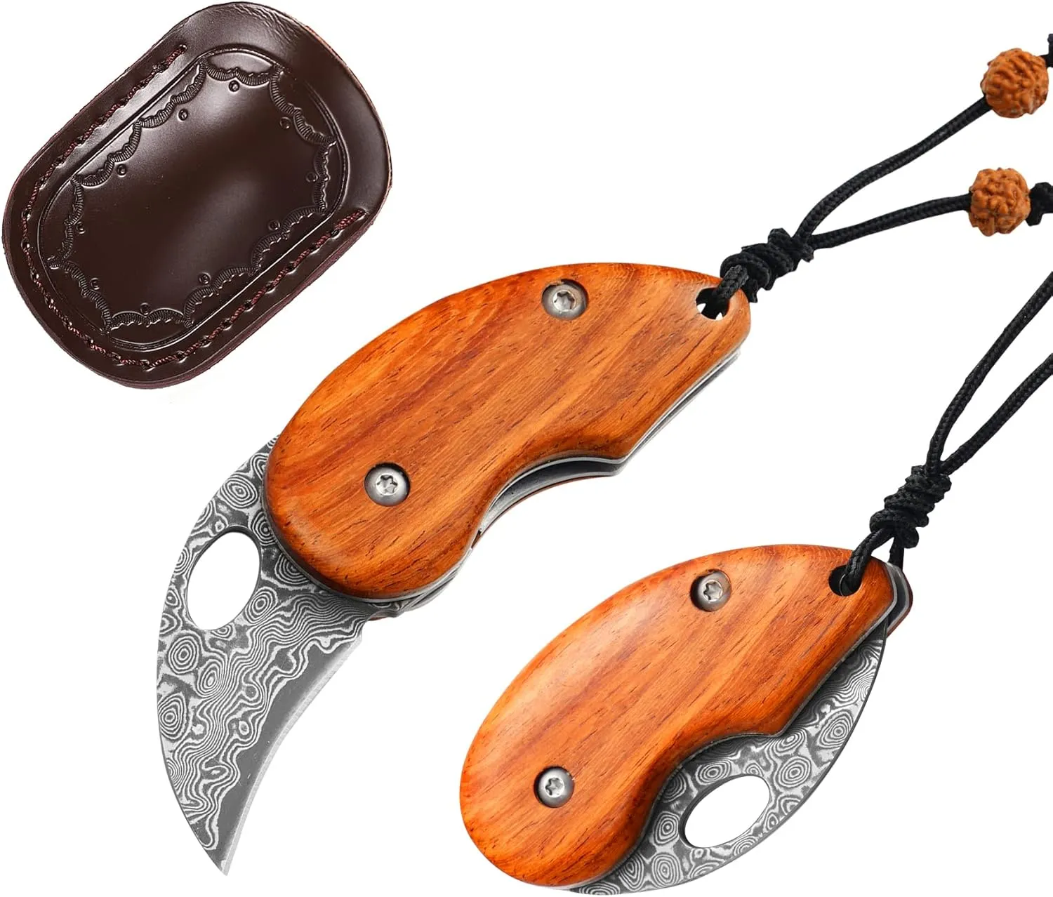Damascus Pocket Knife, Small Folding Wood Handle EDC Knife, Blade Length: 2in