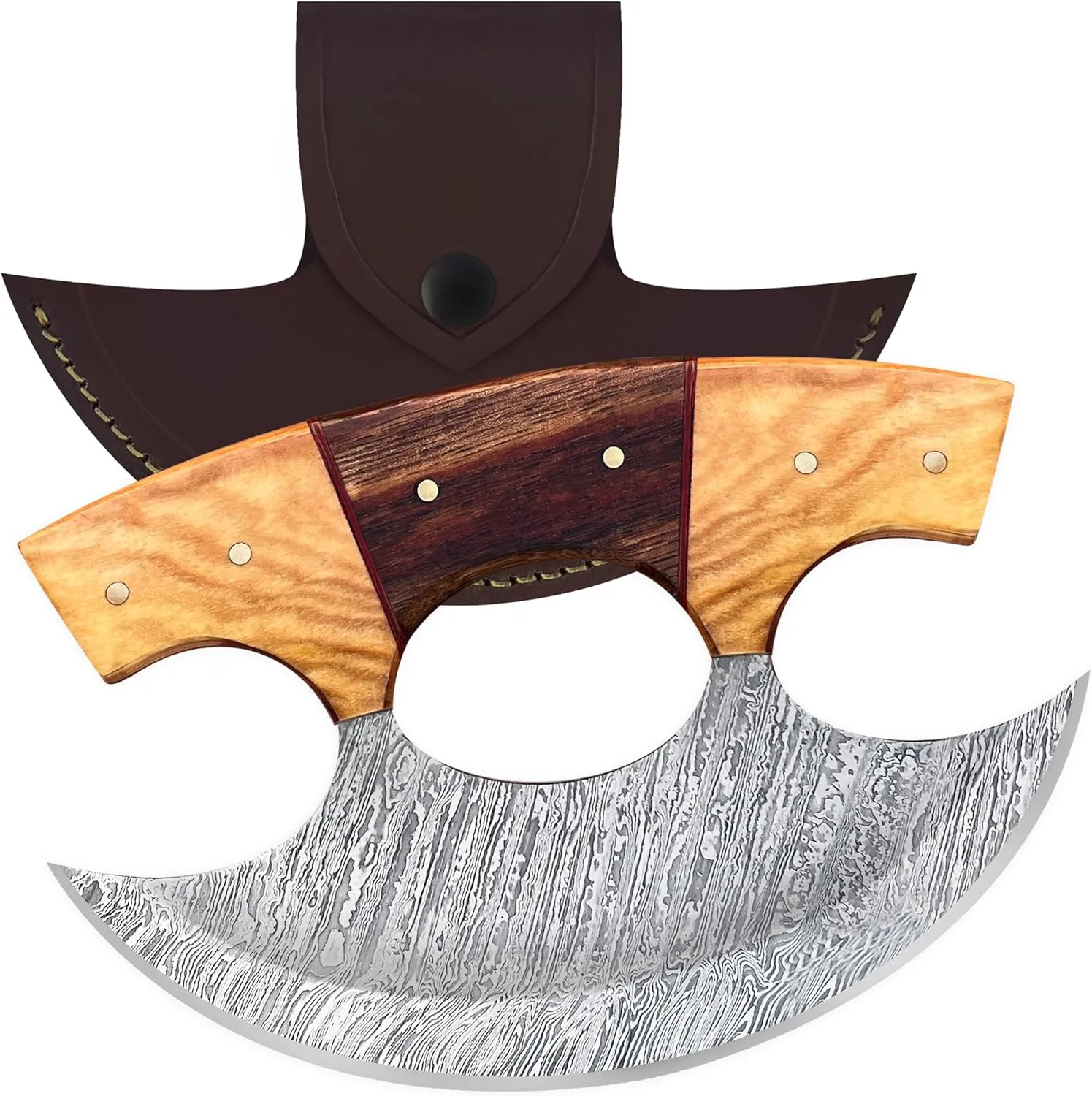 Damascus Steel Alaskan Ulu Knife With Sheath, 6" Perfect Pizza Cutter Rocker Knife, Mezzaluna Chopper Knife for Kitchen, Authentic Inuit Eskimo Design, Non-Slip Handle
