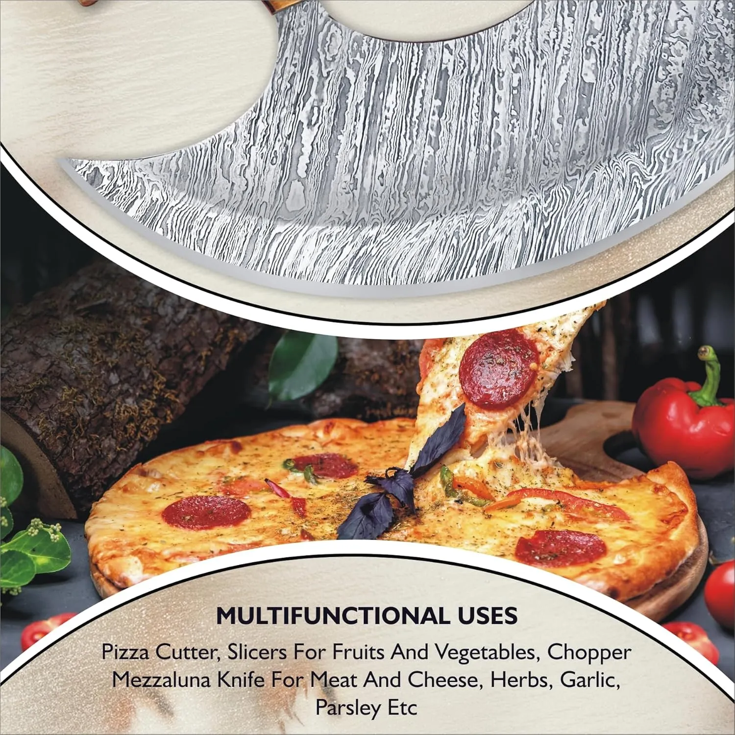 Damascus Steel Alaskan Ulu Knife With Sheath, 6" Perfect Pizza Cutter Rocker Knife, Mezzaluna Chopper Knife for Kitchen, Authentic Inuit Eskimo Design, Non-Slip Handle