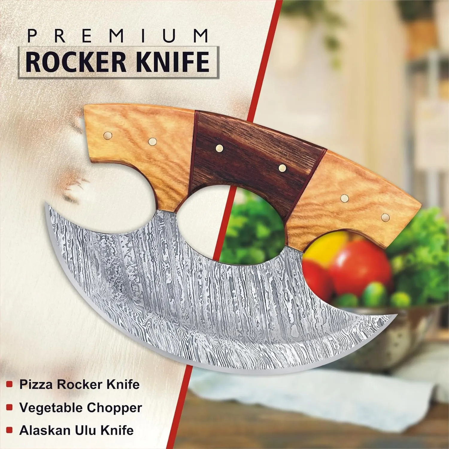 Damascus Steel Alaskan Ulu Knife With Sheath, 6" Perfect Pizza Cutter Rocker Knife, Mezzaluna Chopper Knife for Kitchen, Authentic Inuit Eskimo Design, Non-Slip Handle