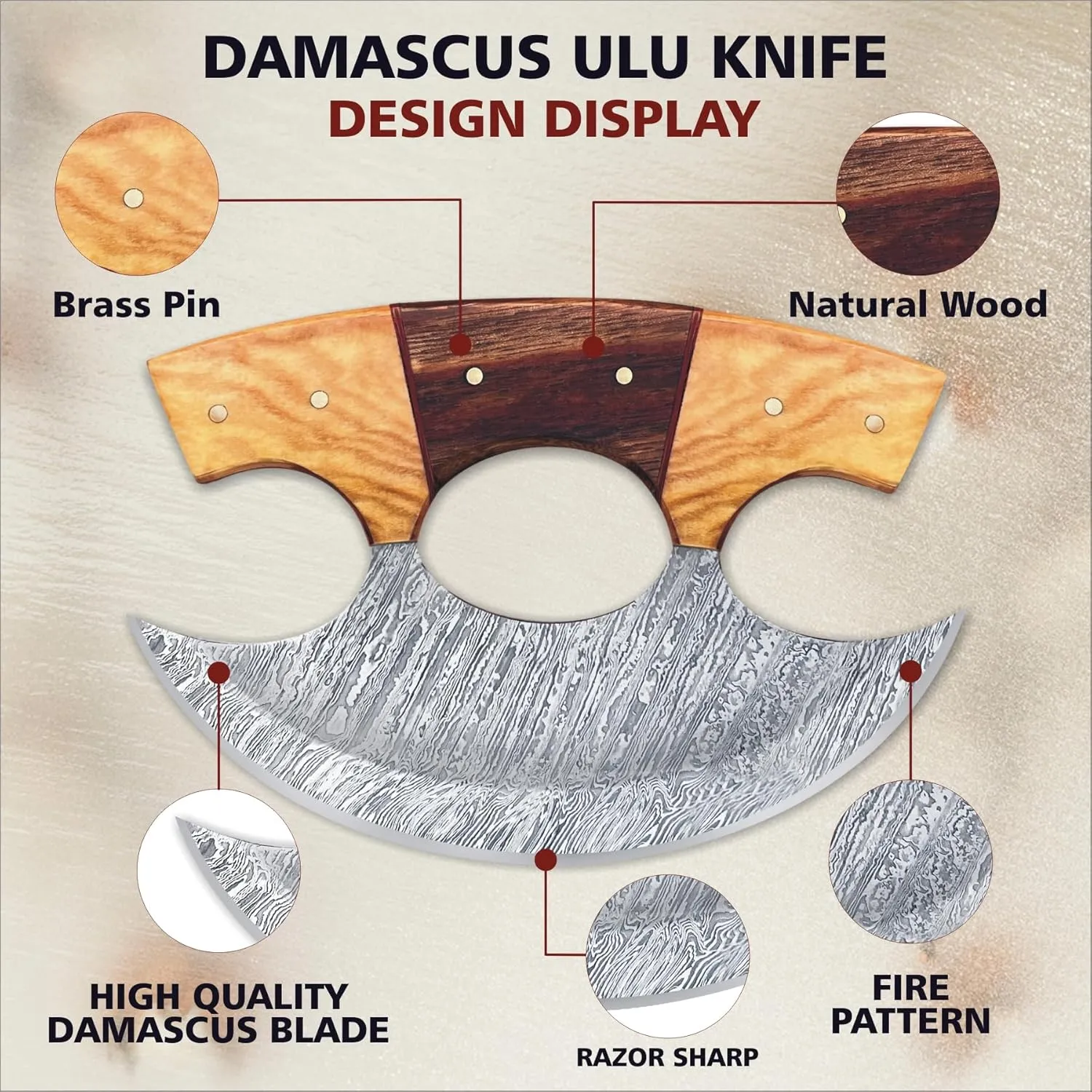 Damascus Steel Alaskan Ulu Knife With Sheath, 6" Perfect Pizza Cutter Rocker Knife, Mezzaluna Chopper Knife for Kitchen, Authentic Inuit Eskimo Design, Non-Slip Handle