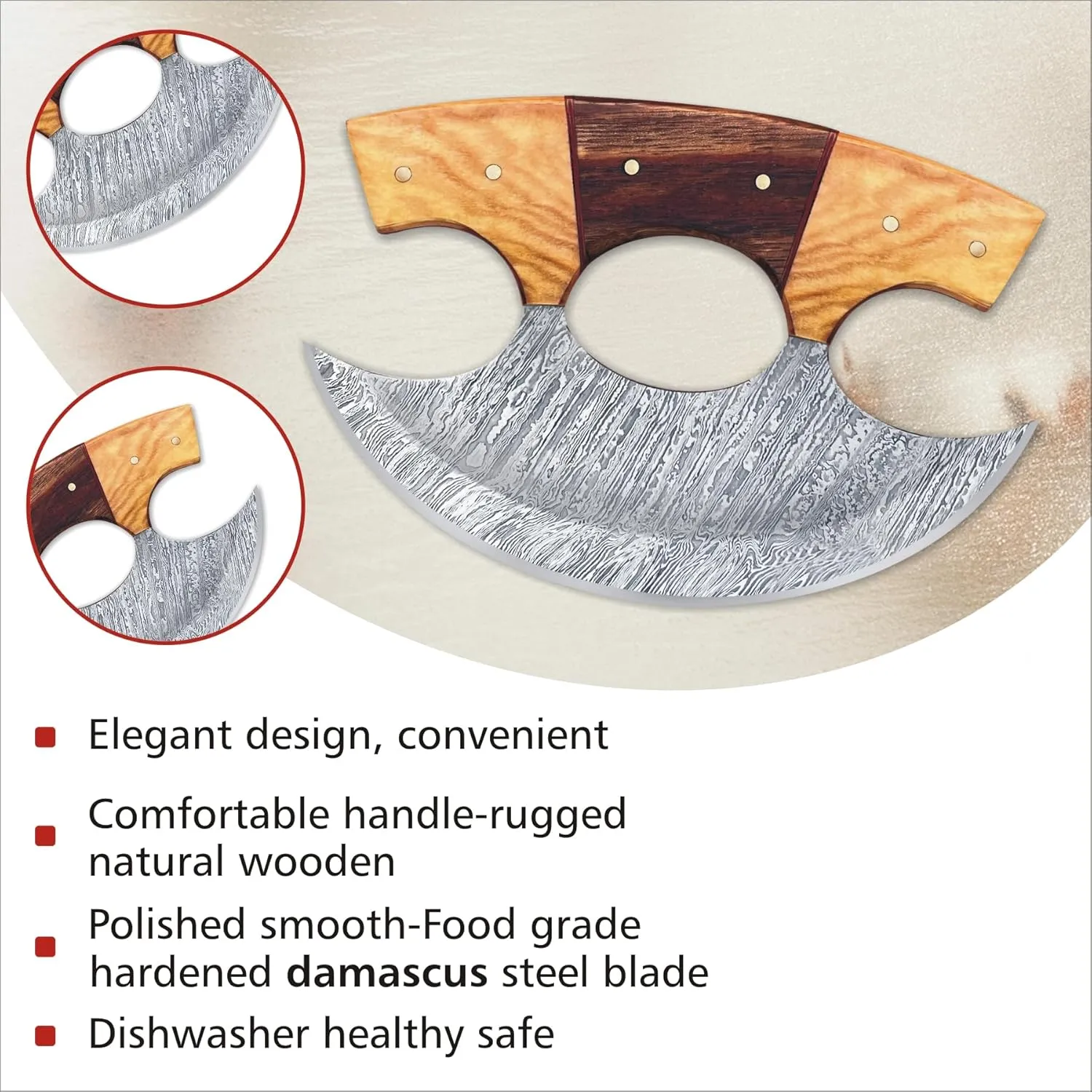 Damascus Steel Alaskan Ulu Knife With Sheath, 6" Perfect Pizza Cutter Rocker Knife, Mezzaluna Chopper Knife for Kitchen, Authentic Inuit Eskimo Design, Non-Slip Handle