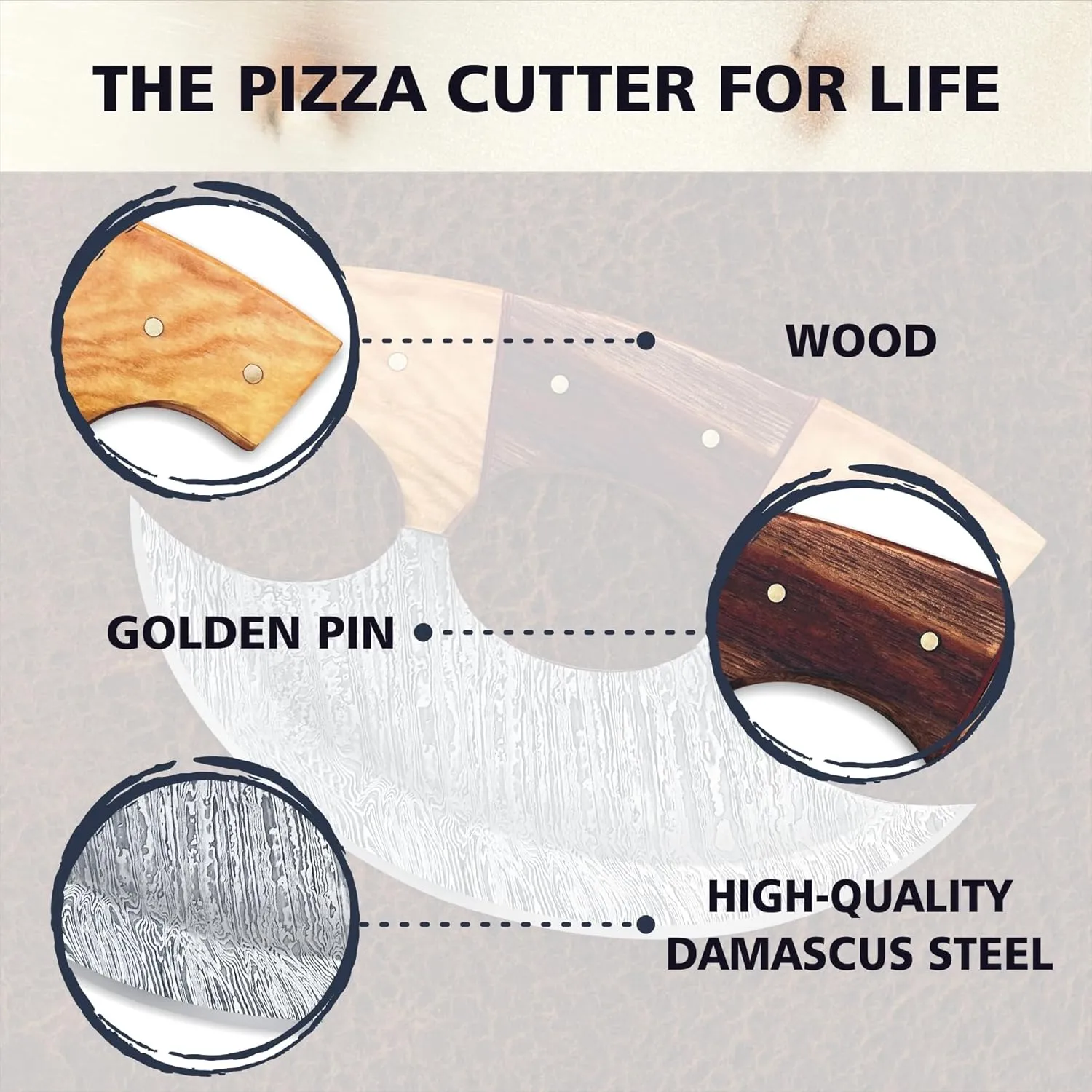 Damascus Steel Alaskan Ulu Knife With Sheath, 6" Perfect Pizza Cutter Rocker Knife, Mezzaluna Chopper Knife for Kitchen, Authentic Inuit Eskimo Design, Non-Slip Handle
