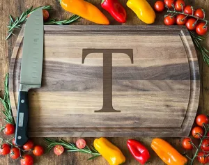 Dark Walnut Cutting Board with Initial T Engraving for a Personalized Gourmet Cooking Experience