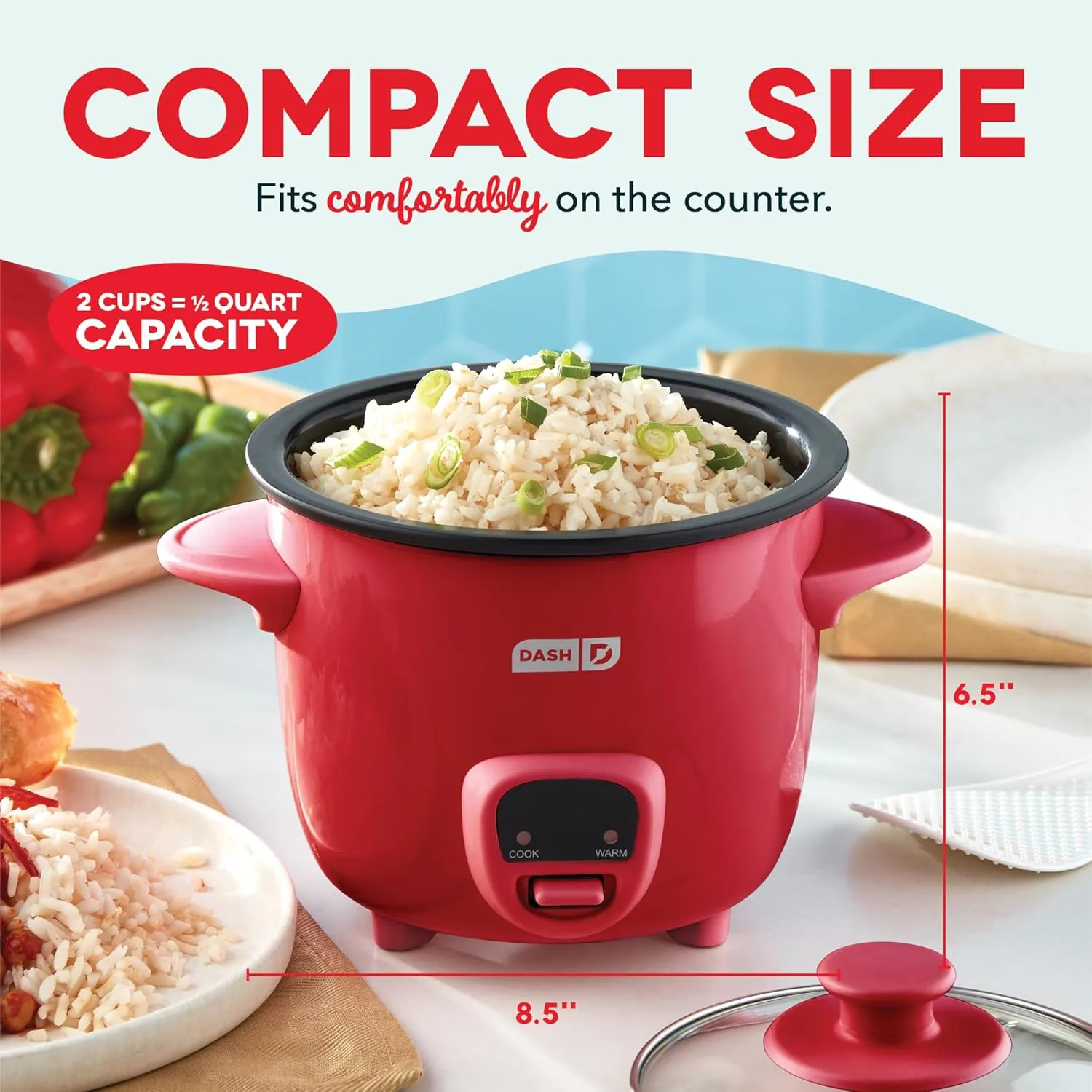 DASH Mini Rice Cooker Steamer with Removable Nonstick Pot, Keep Warm Function & Recipe Guide, Half Quart, for Soups, Stews, Grains & Oatmeal - Red