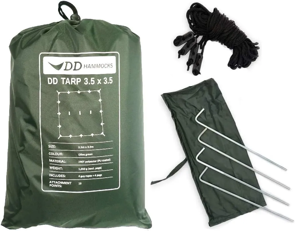 DD Hammocks Tarp 3.5 x 3.5 - Olive Green (11.5ft x 11.5ft) - 100% Waterproof - Lightweight & Multifunctional Large Rainfly Tarp Tent Shelter for Camping Bushcraft & Survival Adventure