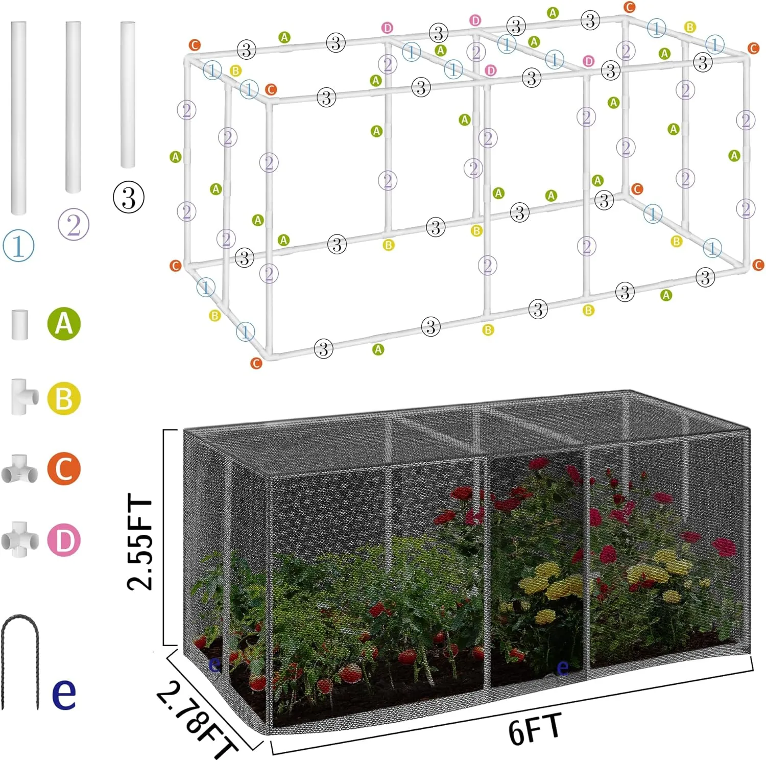 Detachable Crop Cages for Garden,6 x2.78 x2.55Ft Outdoor Garden Protection from Animals,Plant Protection Tent with Black Garden Netting for Fruit, Vegetables, Flowers